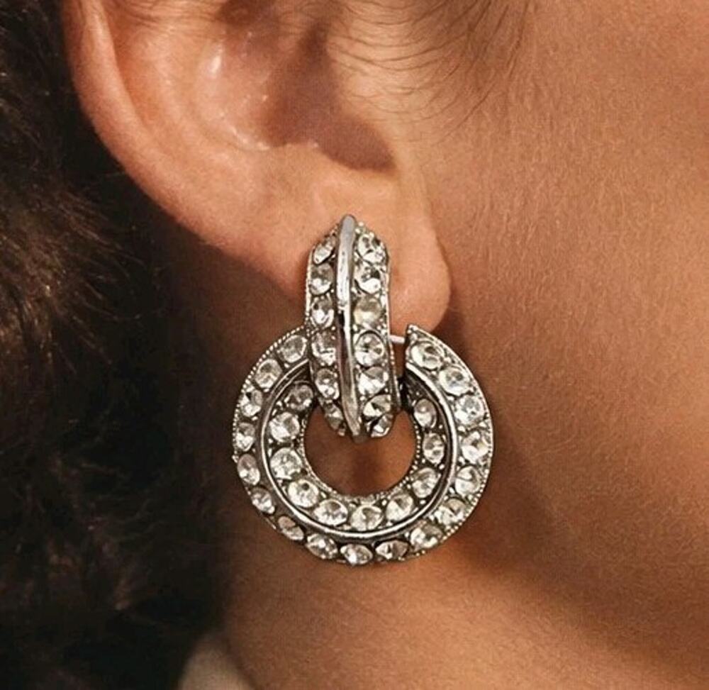Vintage Bogoff Clear Rhinestone Door Knocker Drop Silver Tone Clip On Earrings